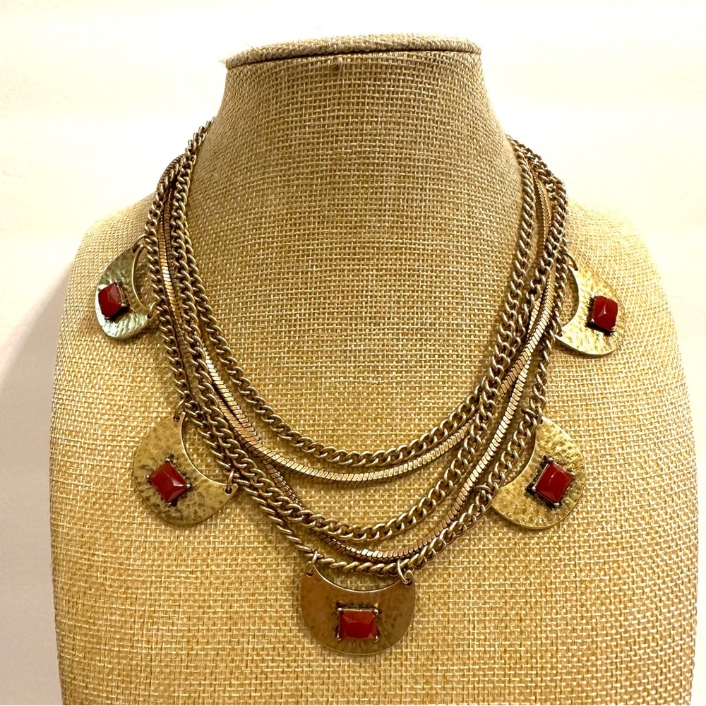 Lucky Brand Necklace gold multistrand chains w/ hammered pieces w/ red jewels